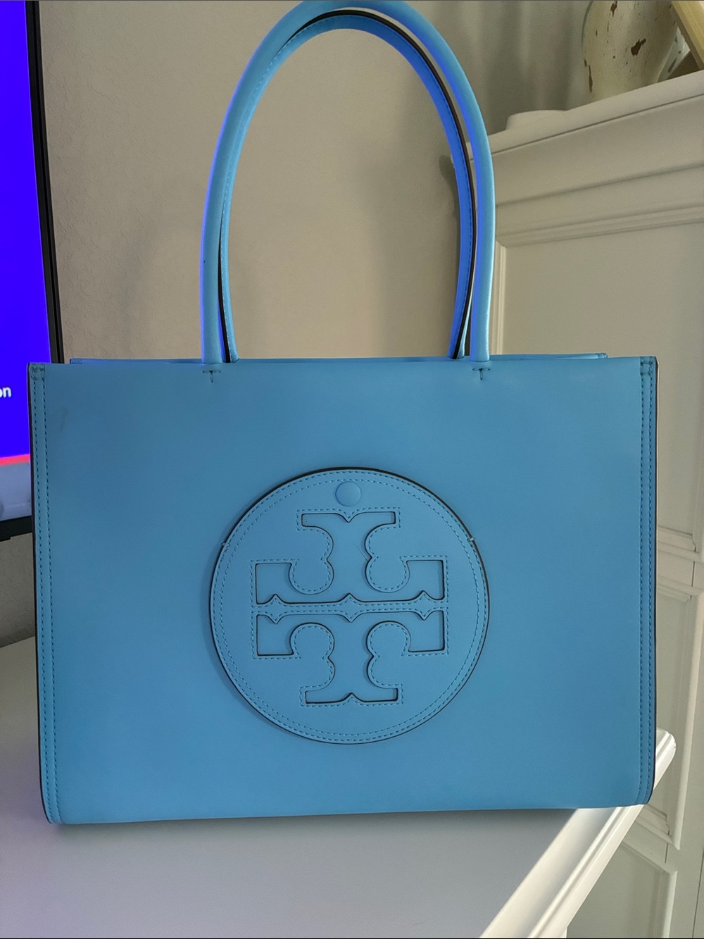 Tory Burch Sky Blue Leather Tote with Logo Medallion
